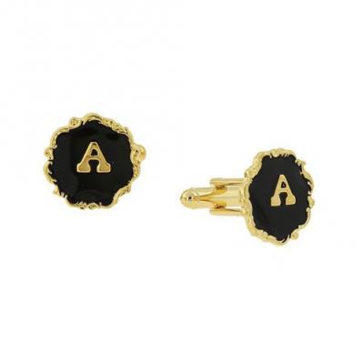 Cufflinks Gold Tone Dipped Black Enamel Initial Letter A.JPG